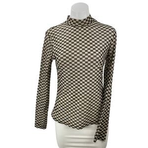 Things I Like Things I Love Beige Checkered Long Sleeve Mock Neck Blouse Top S